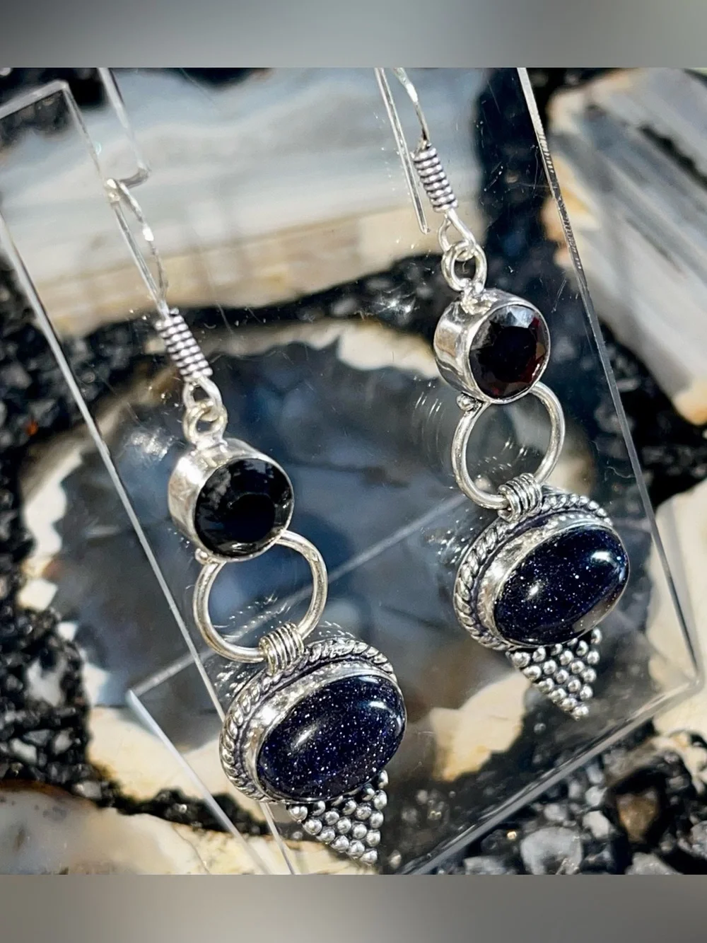 Deep Sparkly Bluestone Sandstone Earrings 2 1/2”
